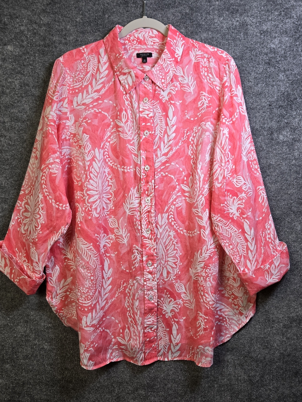 Talbots Shirt Womens 2X Petite Coral Pink Paisley Linen French Cuff Button Up